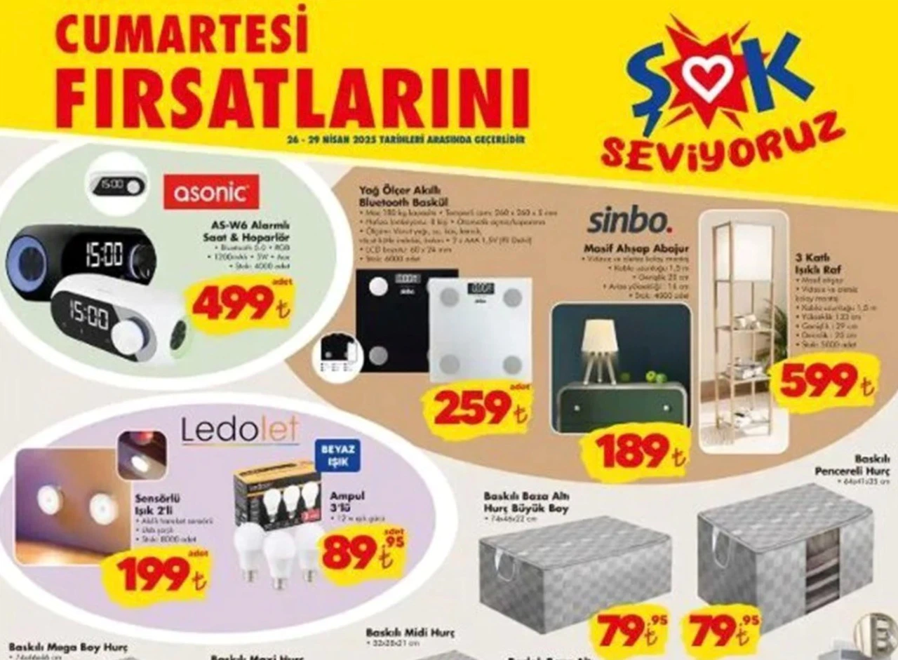 Şok 26 Nisan Cumartesi aktüel katalog yayında! Şok'ta tartı, alarmlı saat ve hurçlarda indirim