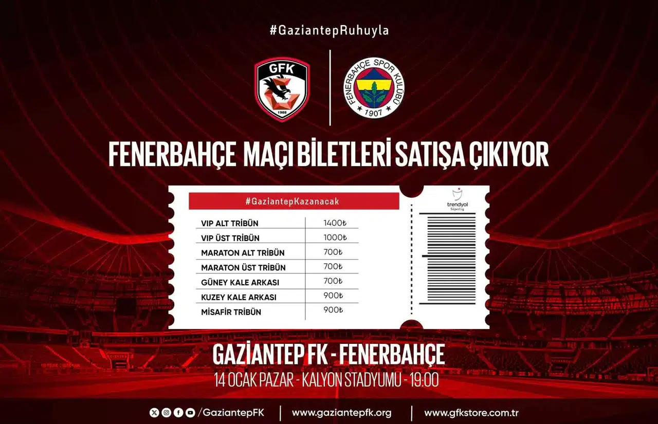 Gaziantep Fk-Fenerbahçe Maçı Biletleri Satışta
