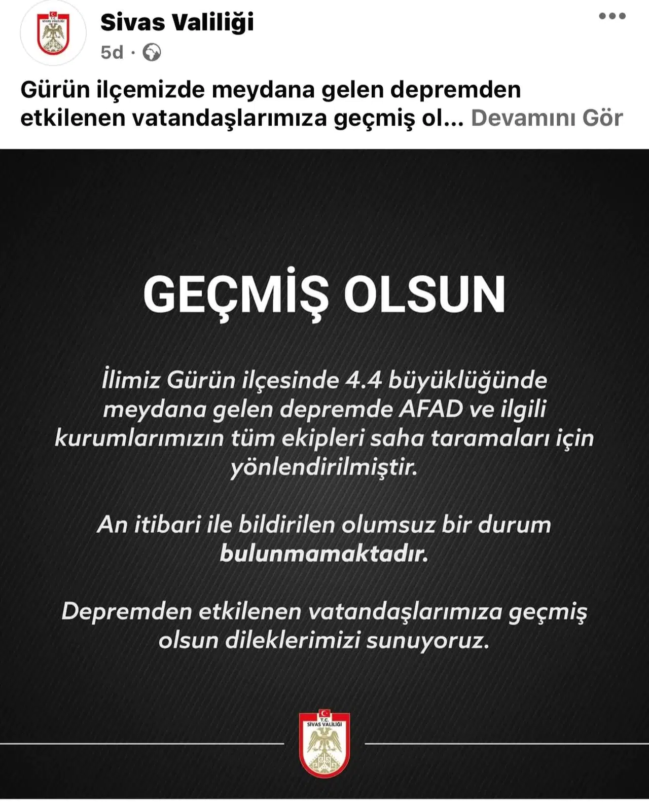 Sivas Valiliği’nden Zelzele Açıklaması: "An Prestiji ile Bildirilen Olumsuz Bir Durum Bulunmamaktadır"