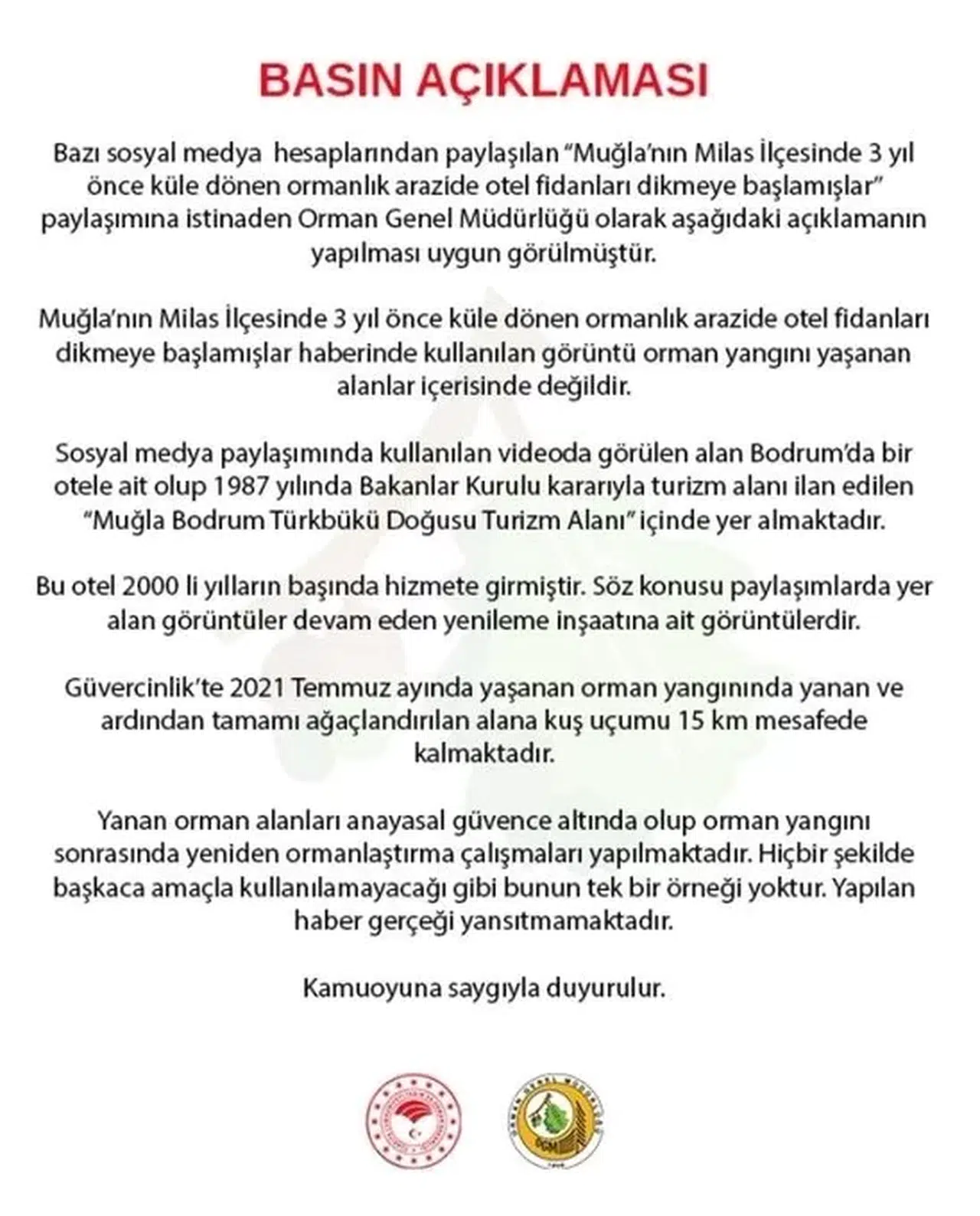 Orman Genel Müdürlüğünden, Midas’taki 3 Yıl Evvel Yanan Ormanlık Toprağa Ait Açıklama
