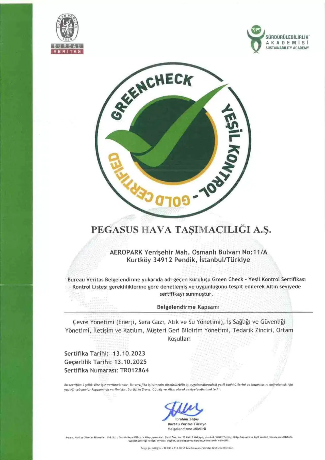 Pegasus, ’Green Check-Yeşil Denetim Belgesi’ni Alan Birinci Hava Yolu Şirketi Olduğunu Duyurdu