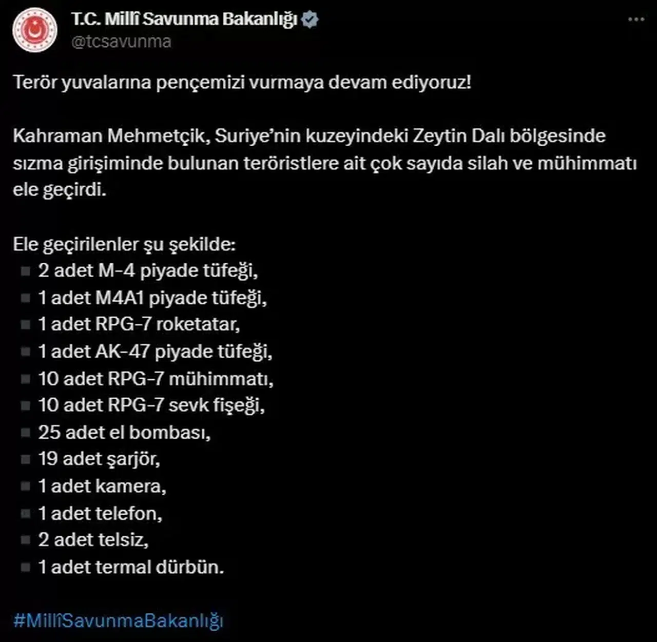 Zeytin Kolu Bölgesinde Çok Sayıda Silah ve Mühimmat Ele Geçirildi