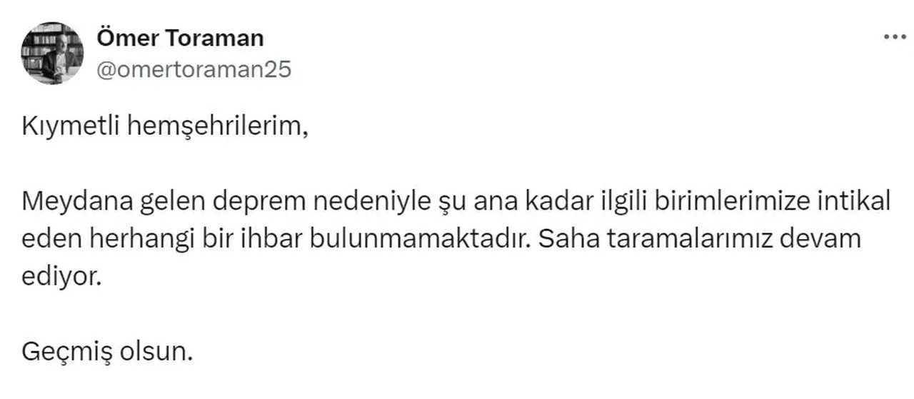 Vali Toraman: “Birimlerimize İntikal Eden Rastgele Bir İhbar Bulunmamaktadır”
