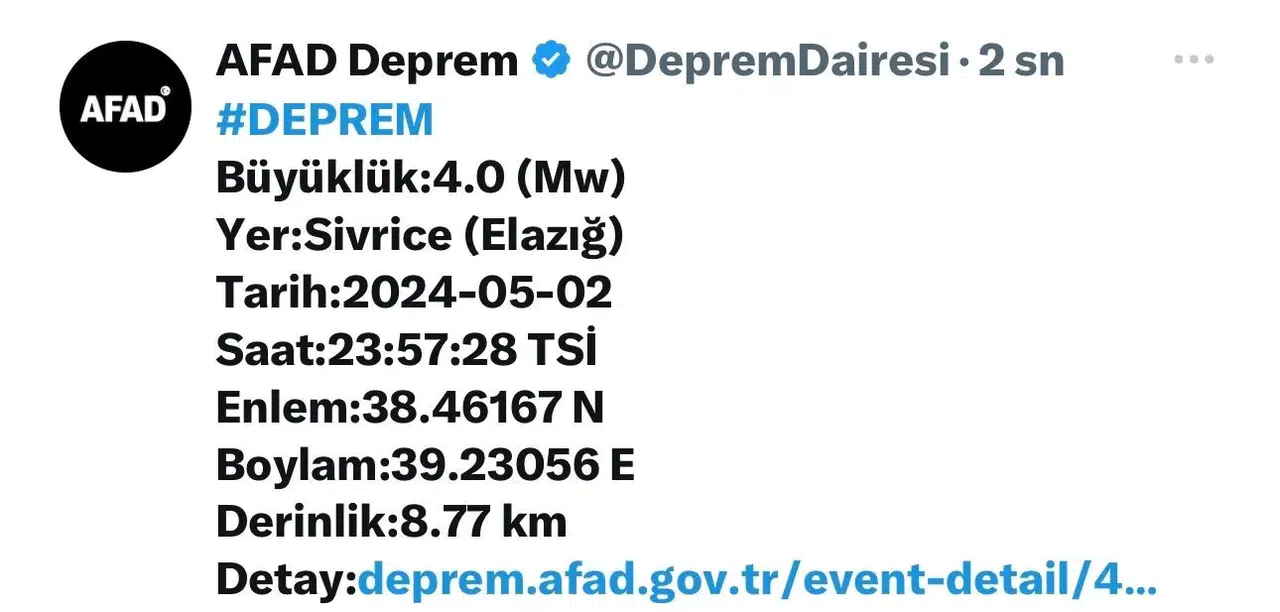 Elazığ’da 4.0 Büyüklüğünde Zelzele
