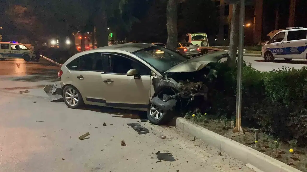 Araba Park Halindeki Araçlara ve Refüjdeki Ağaca Çarptı: 2 Yaralı