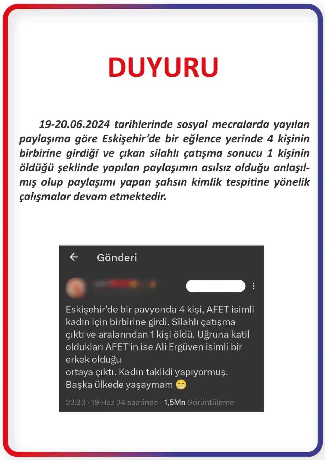 Eskişehir’de Cinayet İşlendiğine Dair Temelsiz Paylaşım Hakkında Soruşturma Başlatıldı