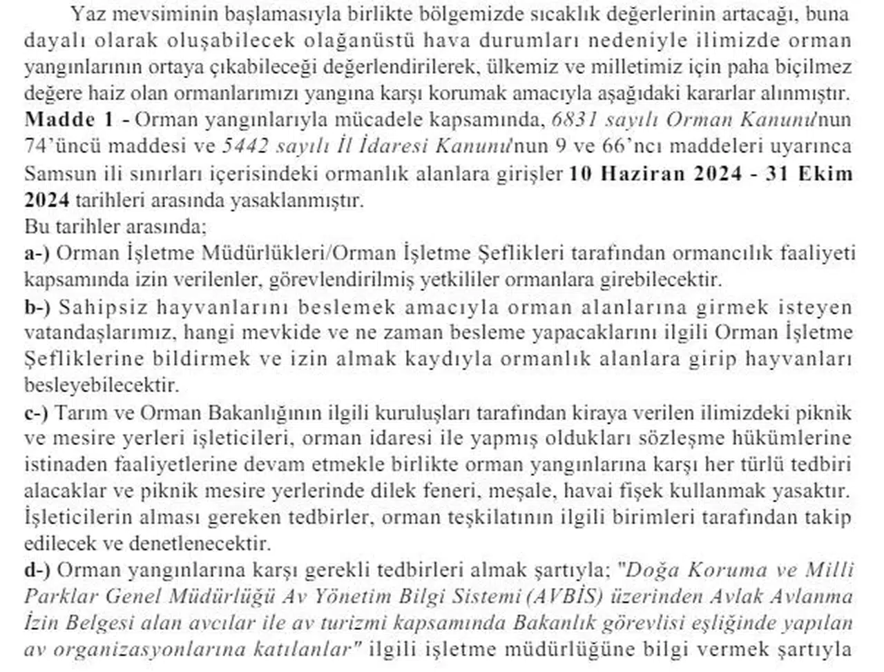Samsun’da Ormanlık Alanlara Girişler Yasaklandı