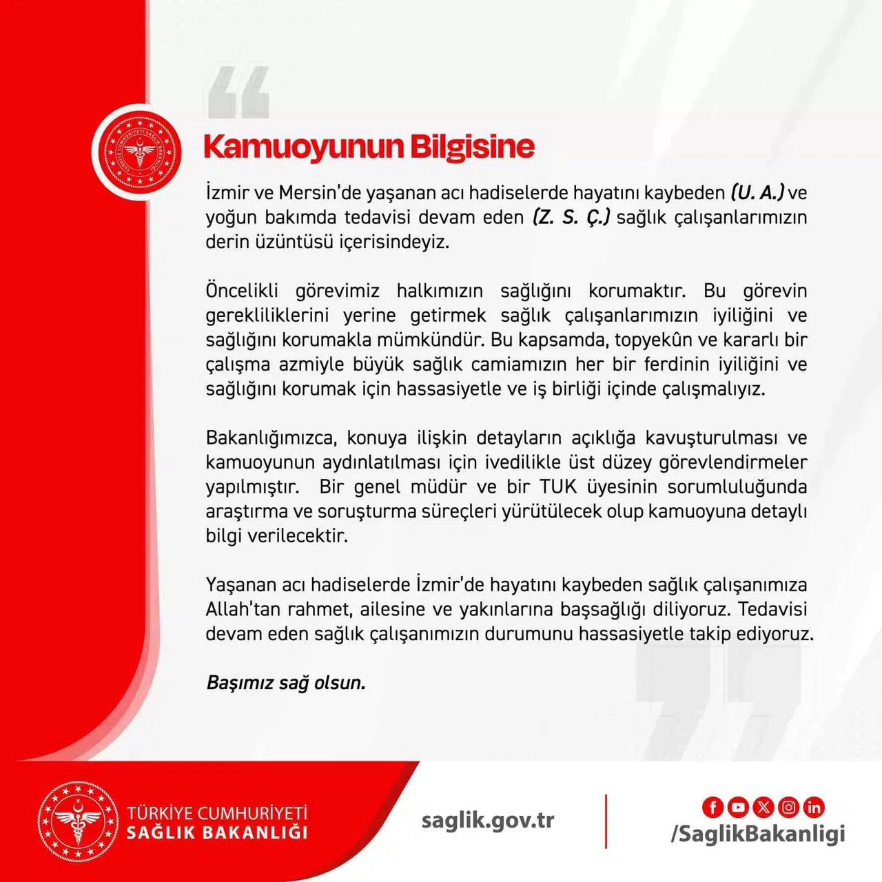 Sağlık Bakanlığı: "Yoğun Bakımda Tedavisi Devam Eden Sıhhat Çalışanımızın Durumunu Hassasiyetle Takip Ediyoruz"