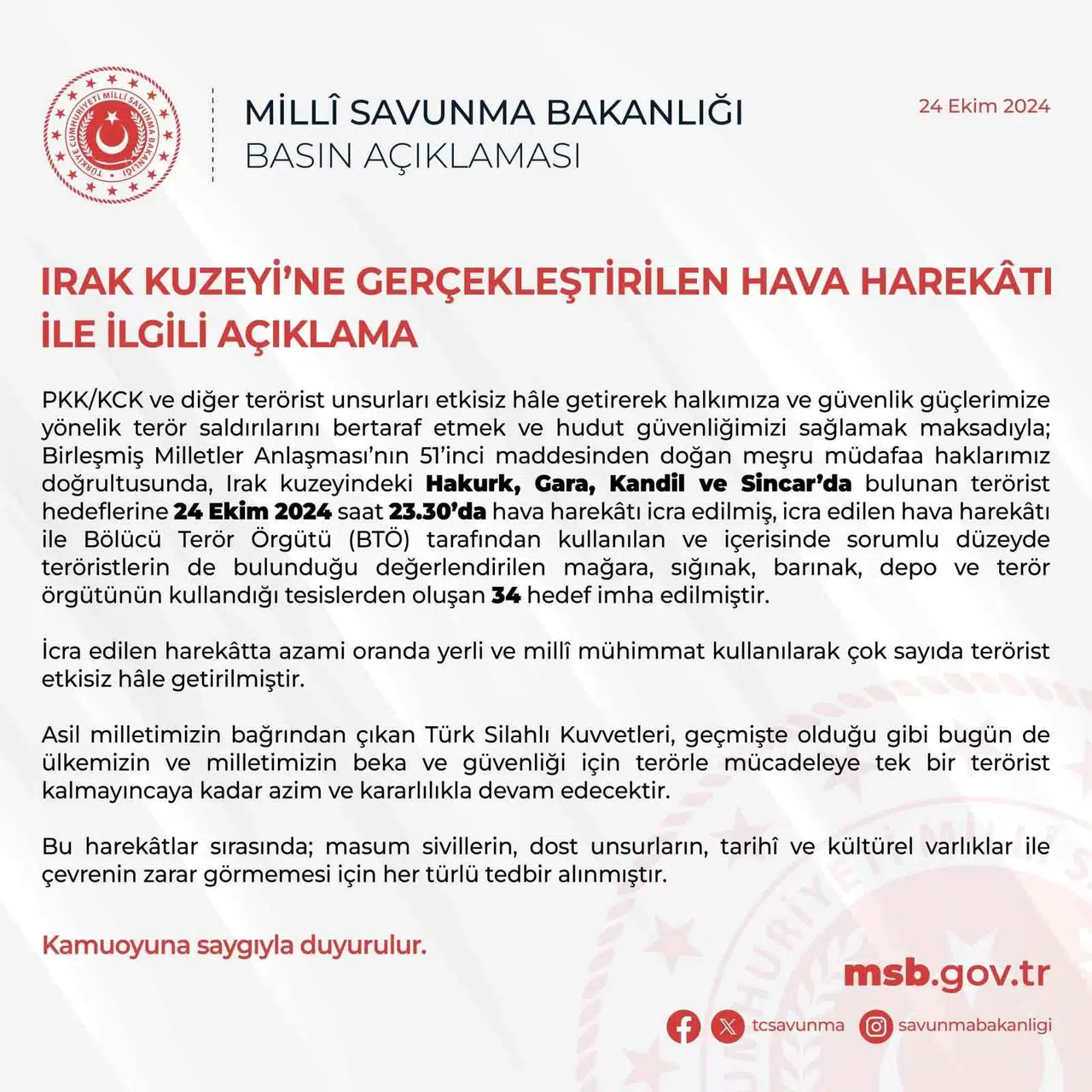 Irak’ın Kuzeyine Hava Harekatı: 34 Maksat İmha Edildi