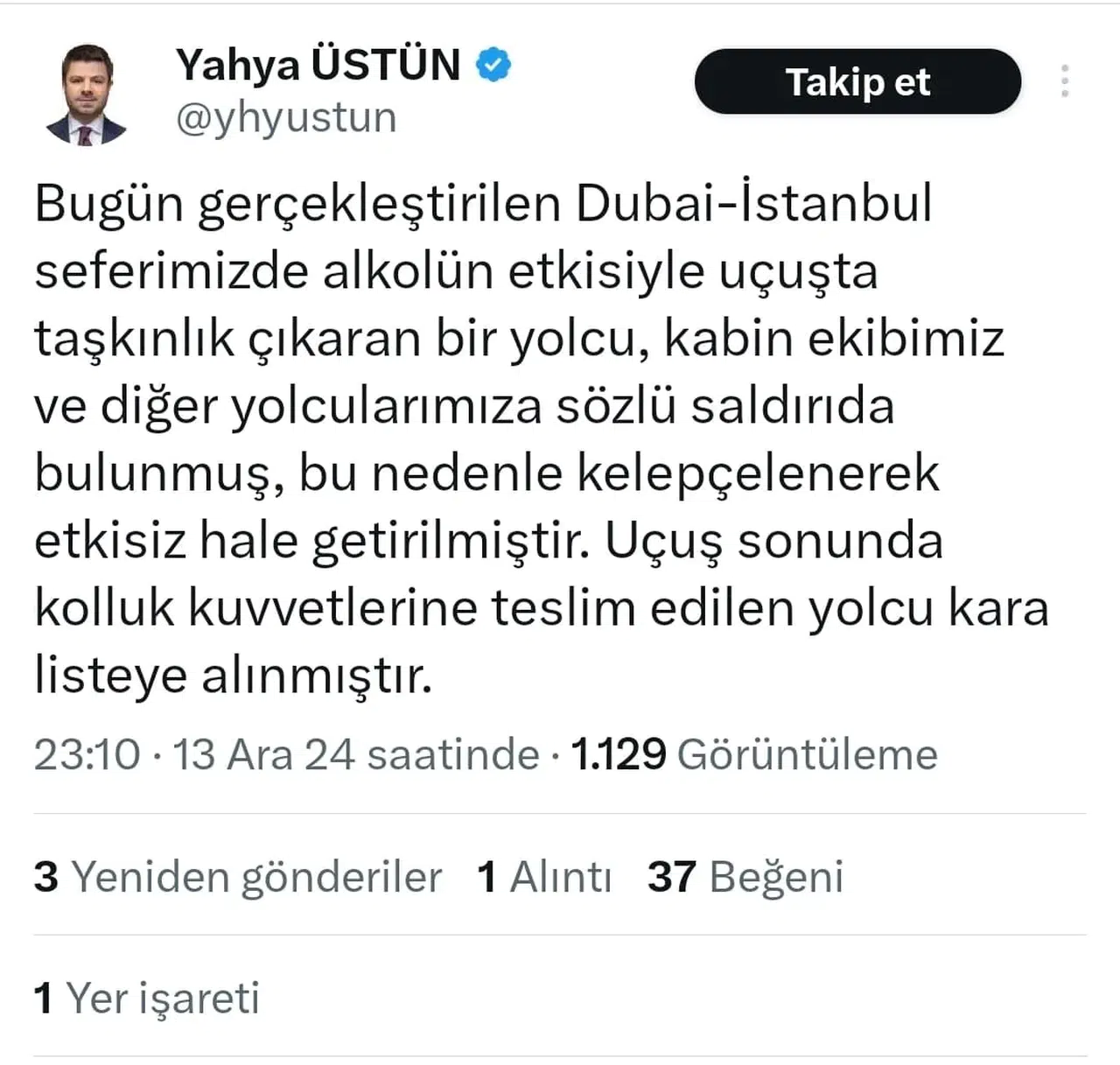 Alkollü Yolcu, Uçakta Olay Çıkardı