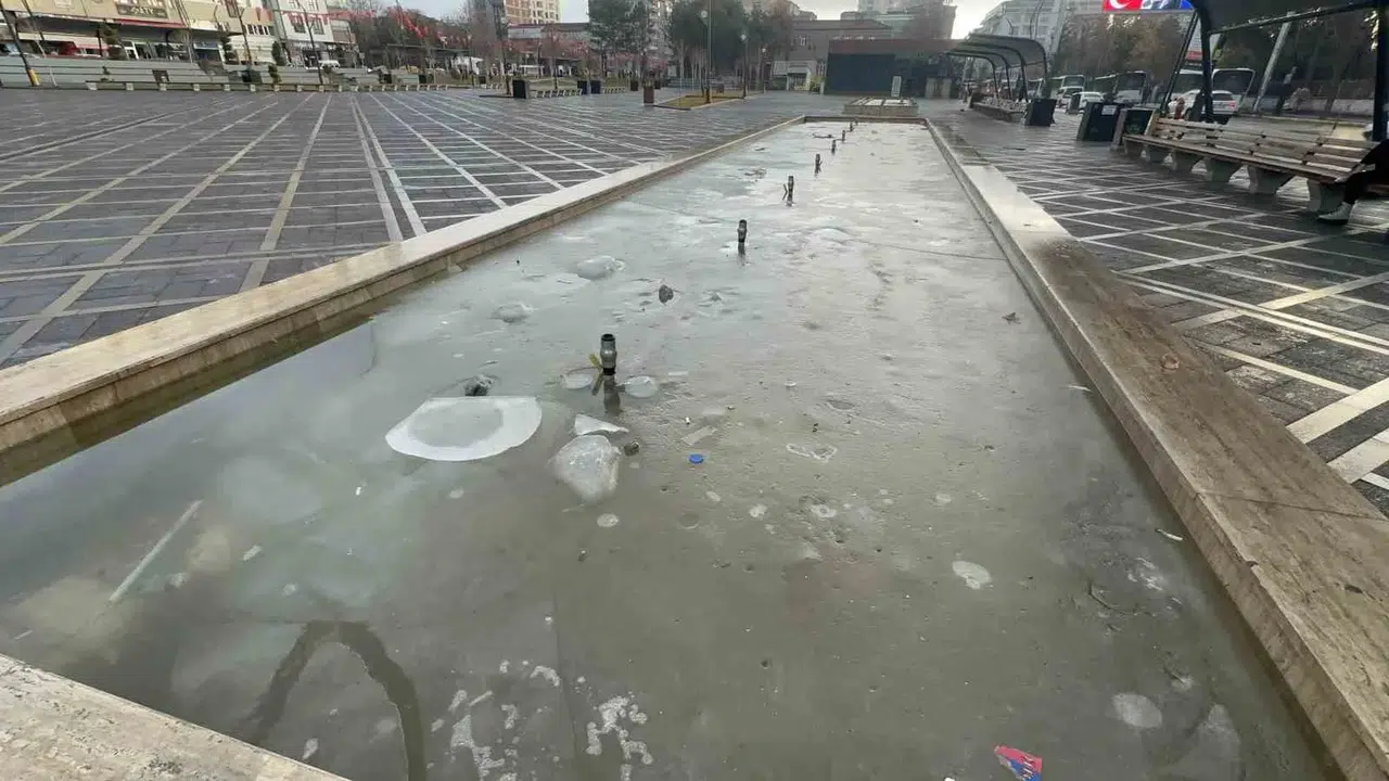 Elazığ’da Soğuk Hava ve Don Tesirli Oldu, Süs Havuzları Buz Tuttu