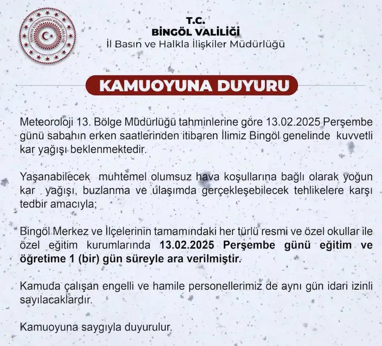 Bingöl’de  Eğitime 1 Gün Orta Verildi