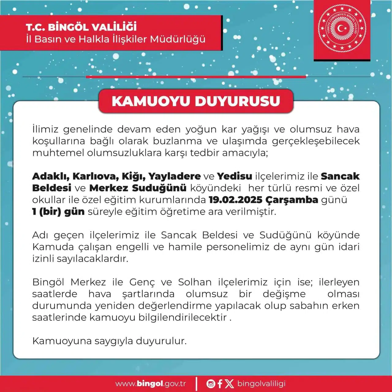 Bingöl’de Okullara Kar Tatili