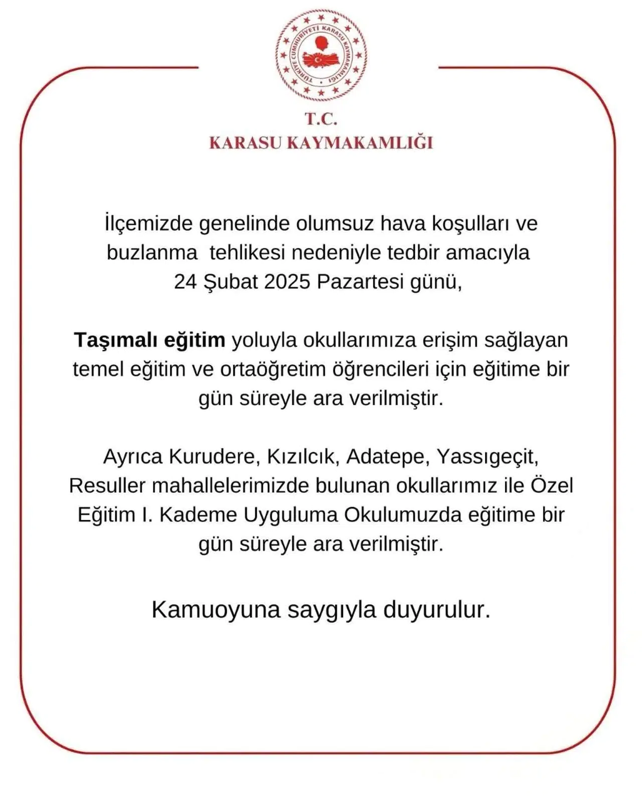 Sakarya’da Bir İlçede Taşımalı Eğitime 1 Gün Orta Verildi