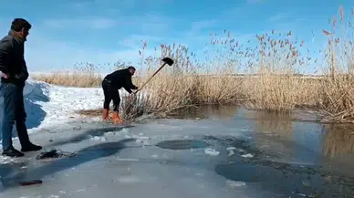Yüzeyi Donmuş Irmakta Buzu Kırıp Balık Avlıyorlar