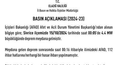 Elazığ Valiliği’nden Sarsıntı Açıklaması: “Herhangi Bir Hasar İhbarı Yapılmamıştır”