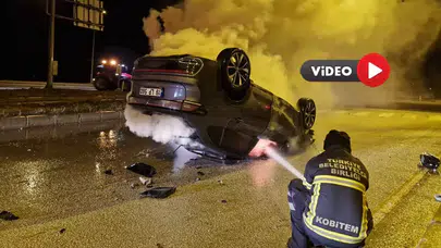 Çorum’da Takla Atan Cip Alev Aldı