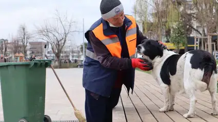 Düzce'de Temizlik İşçisi ve Sahipsiz Köpeğin Samimi Anları Görüntülendi!